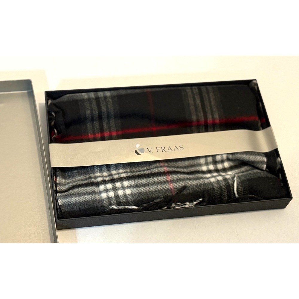 Mens or Womens V.Fraas Warm Winter Scarf Gray Red Plaid
